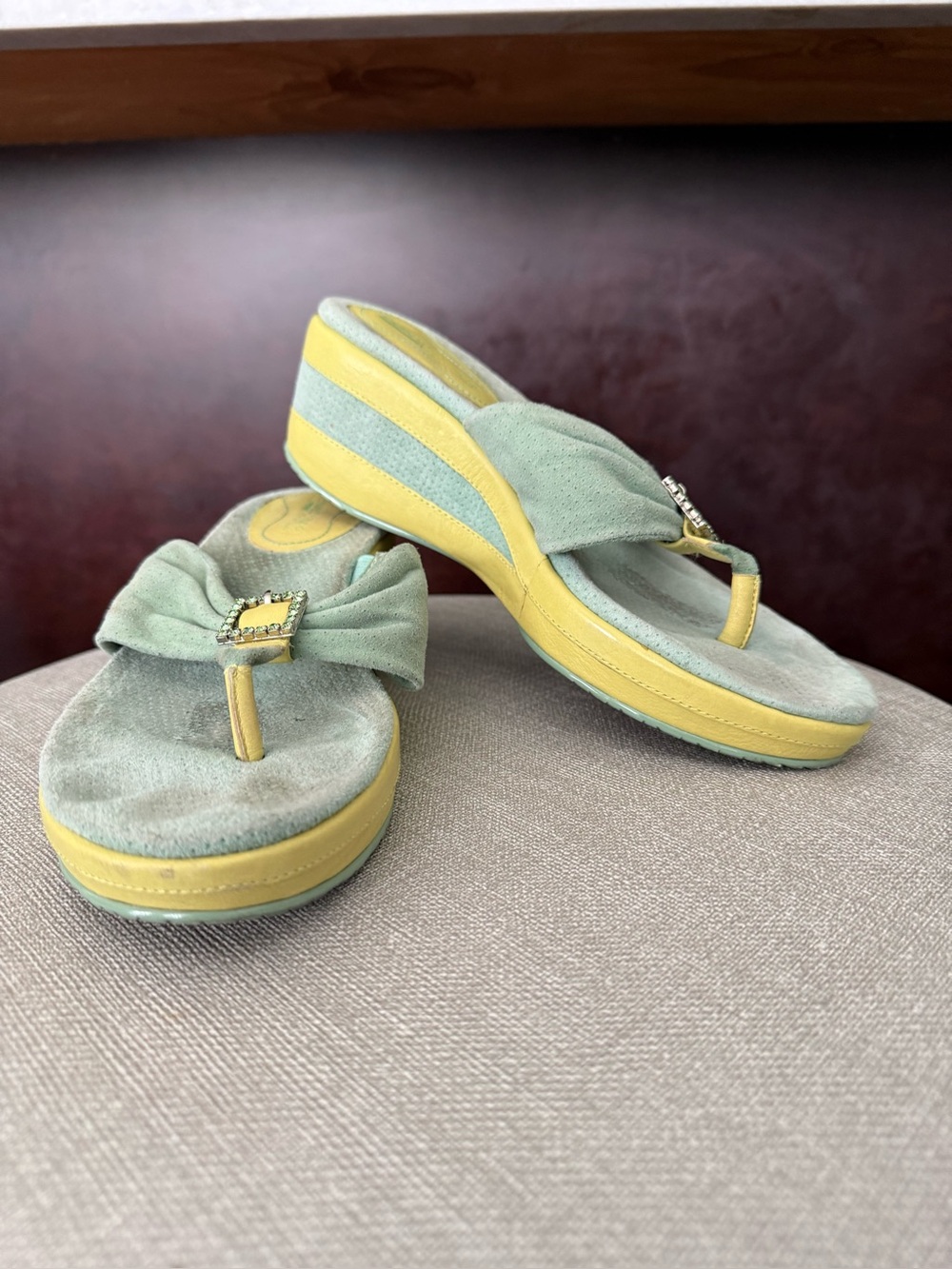 Donald J. Pliner Misty Green & Yellow Thong Wedge Sandals with Decorative Buckle - Picture 3 of 14